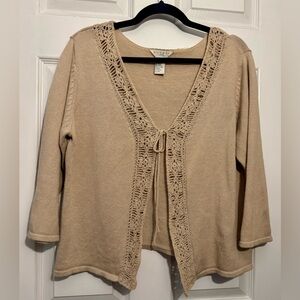 Adorable crochet edged open tie front cardigan tan sweater - size Medium